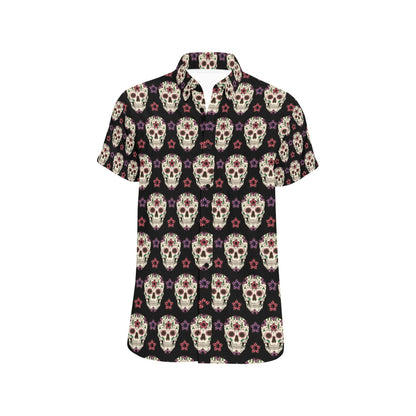 Sugar Skull Print Design LKS304 Men Short Sleeve Button Up Shirt