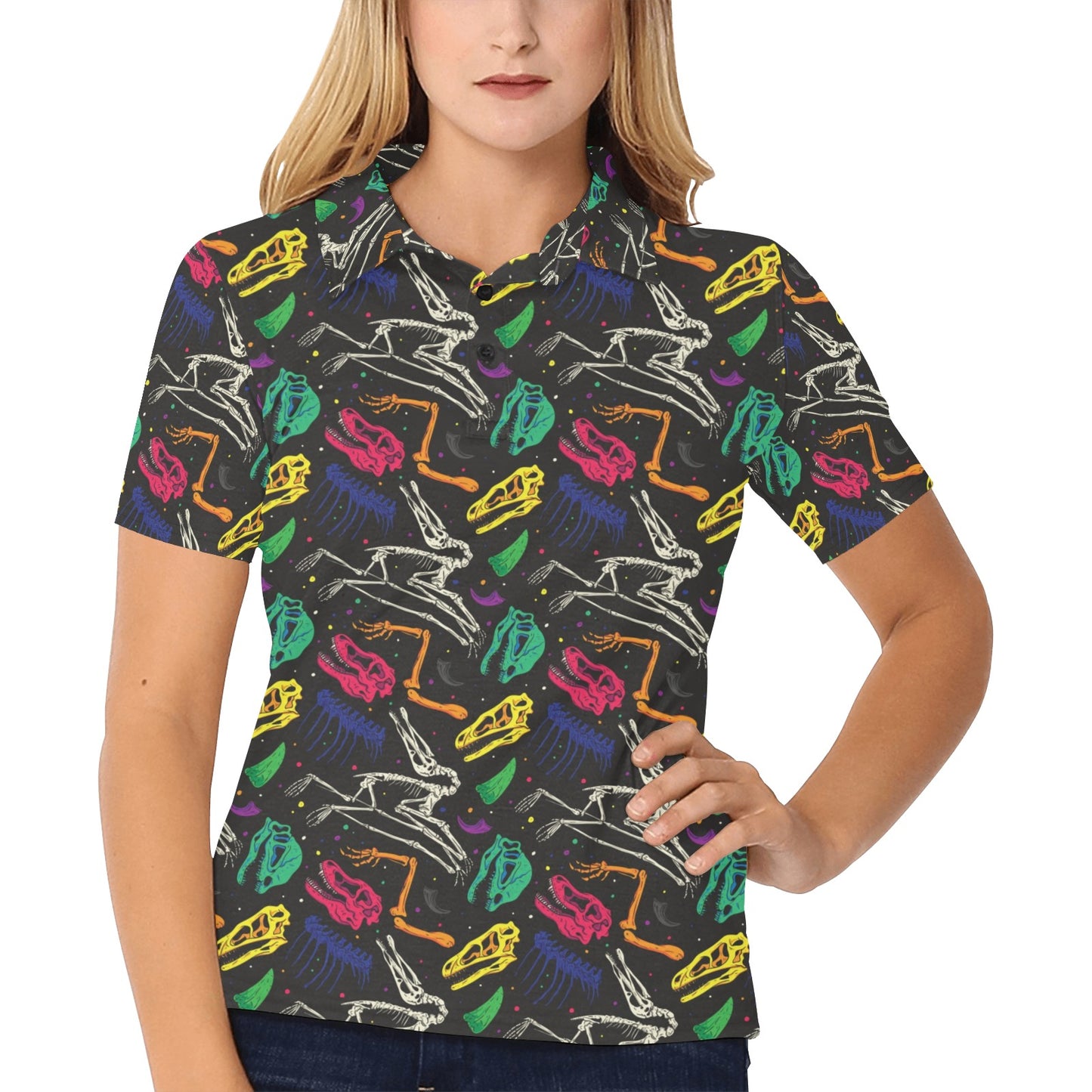 Dinosaur Skull Color Print Pattern Women's Polo Shirt