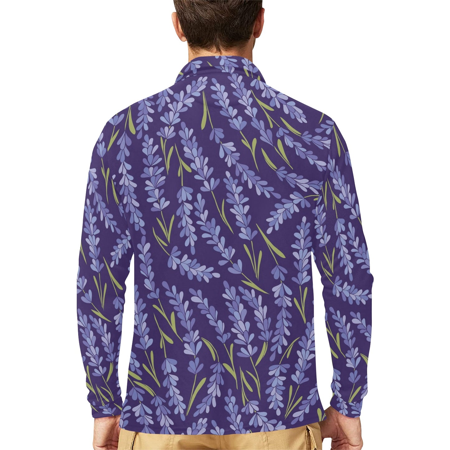 Lavender Pattern Print Design 03 Long Sleeve Polo Shirt For Men's
