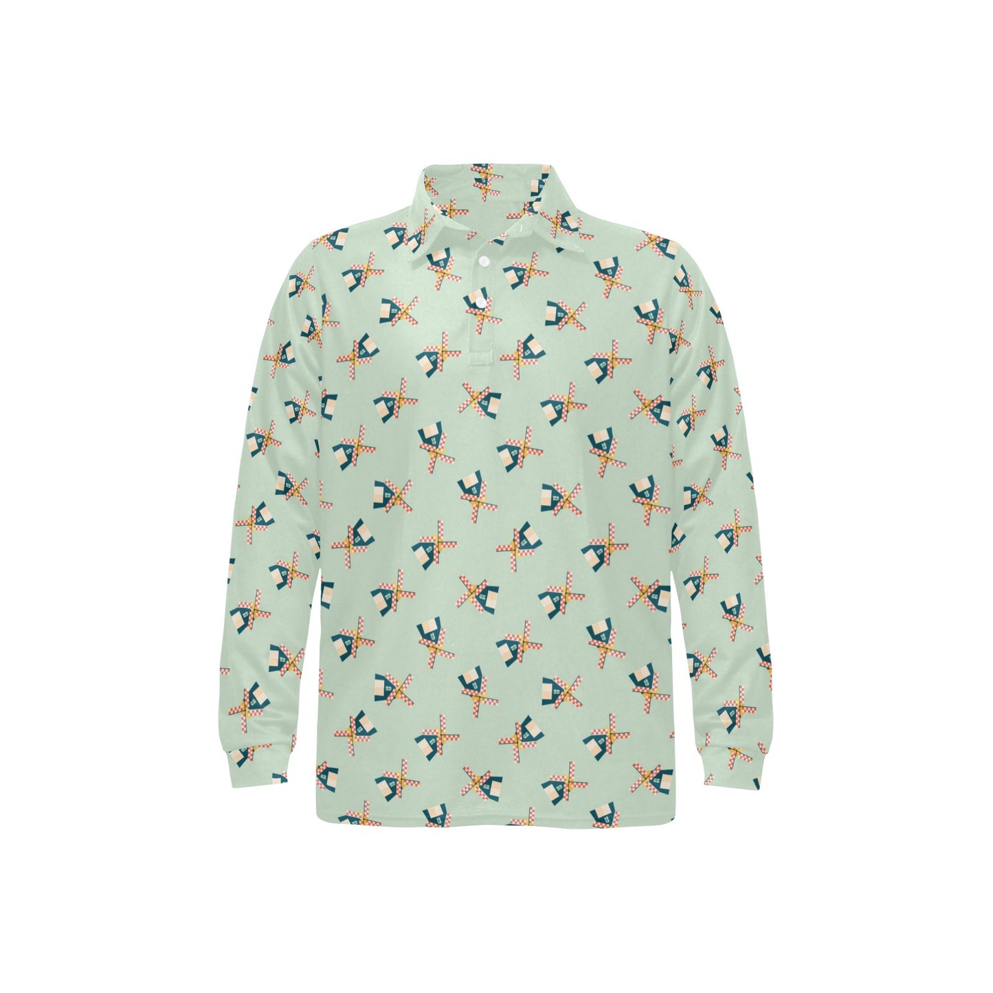 Windmill Pattern Print Design 02 Long Sleeve Polo Shirt For Men's