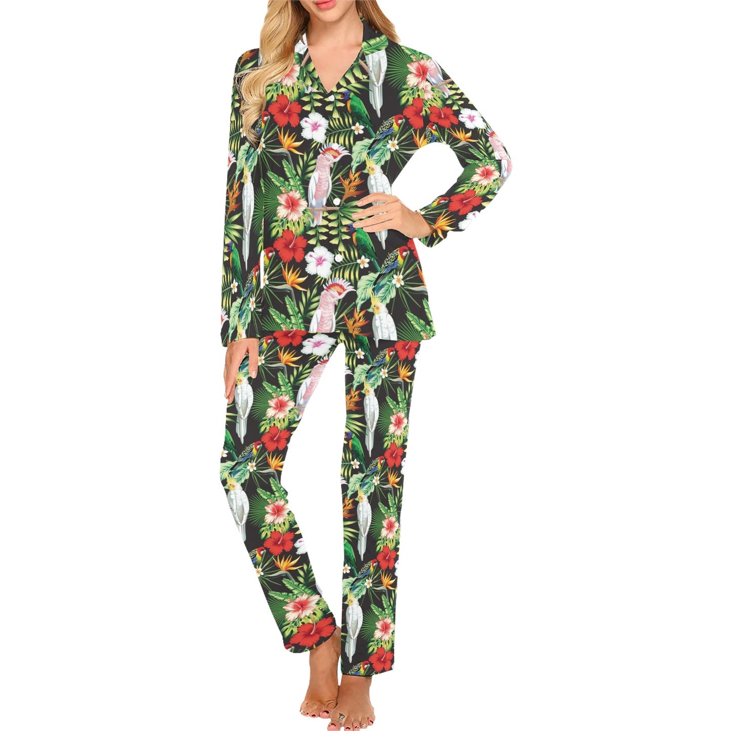 Tropical Flower Pattern Print Design TF03 Women's Long Pajama Set