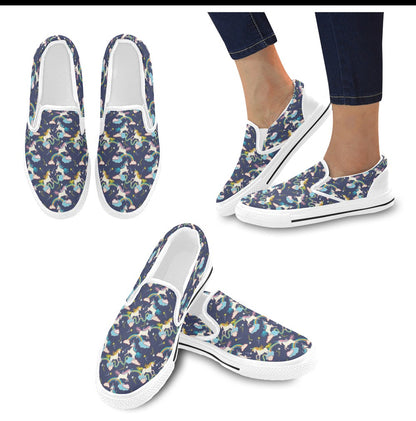 Unicorn Print Design LKS304 White Slip Ons Canvas Women's Shoes