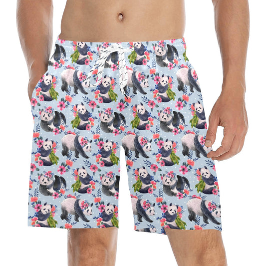 Panda Bear Flower Design Themed Print Men's Swim Trunks Beach Shorts
