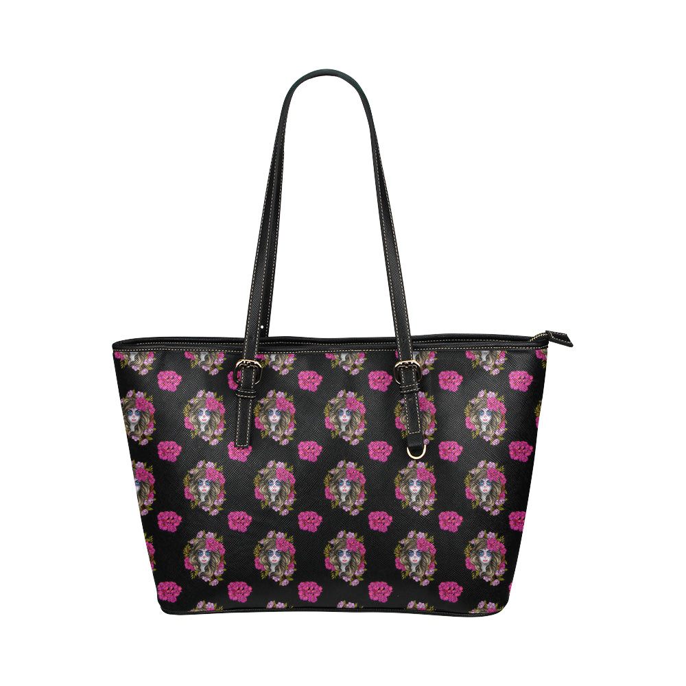 Day of the Dead Makeup Girl Leather Tote Bag