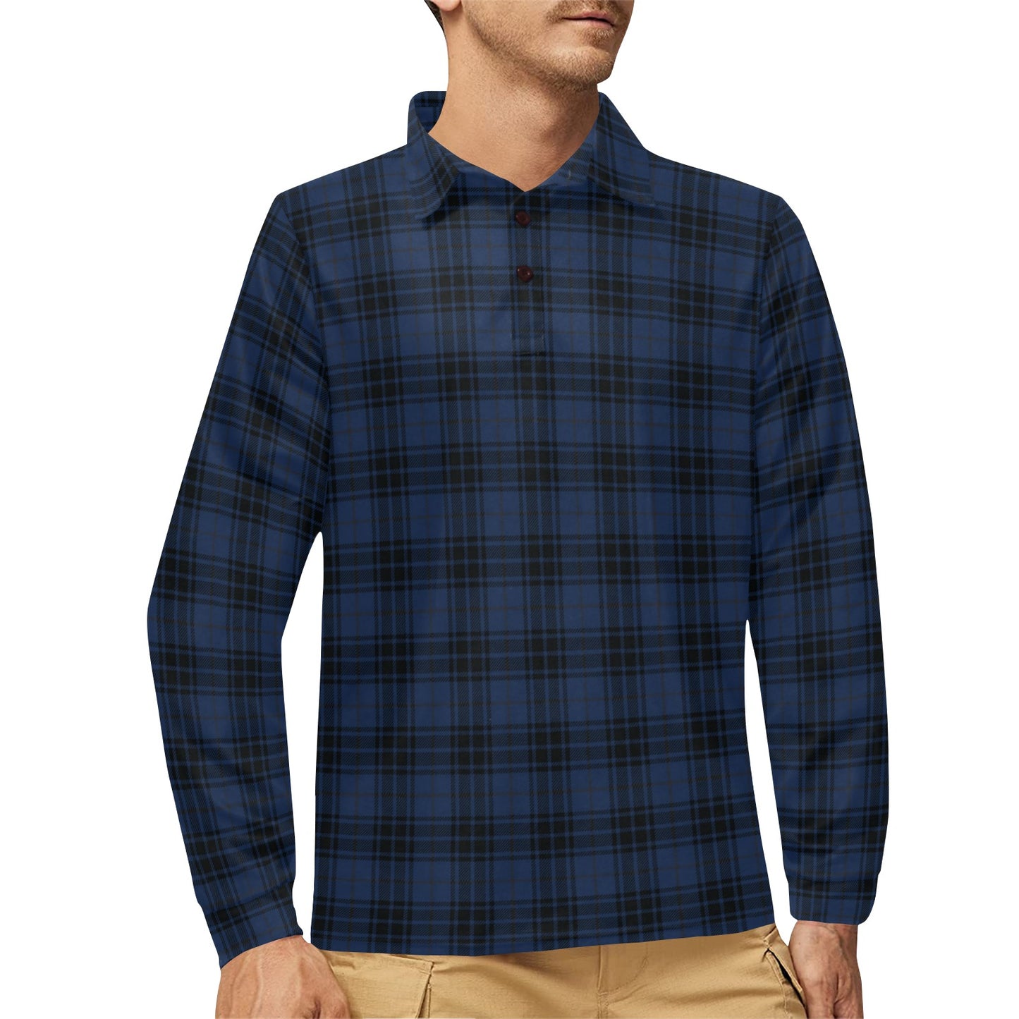 Navy Blue Tartan Plaid Pattern Long Sleeve Polo Shirt For Men's