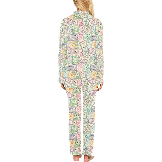 Travel Stamp Print Design LKS303 Women's Long Pajama Set