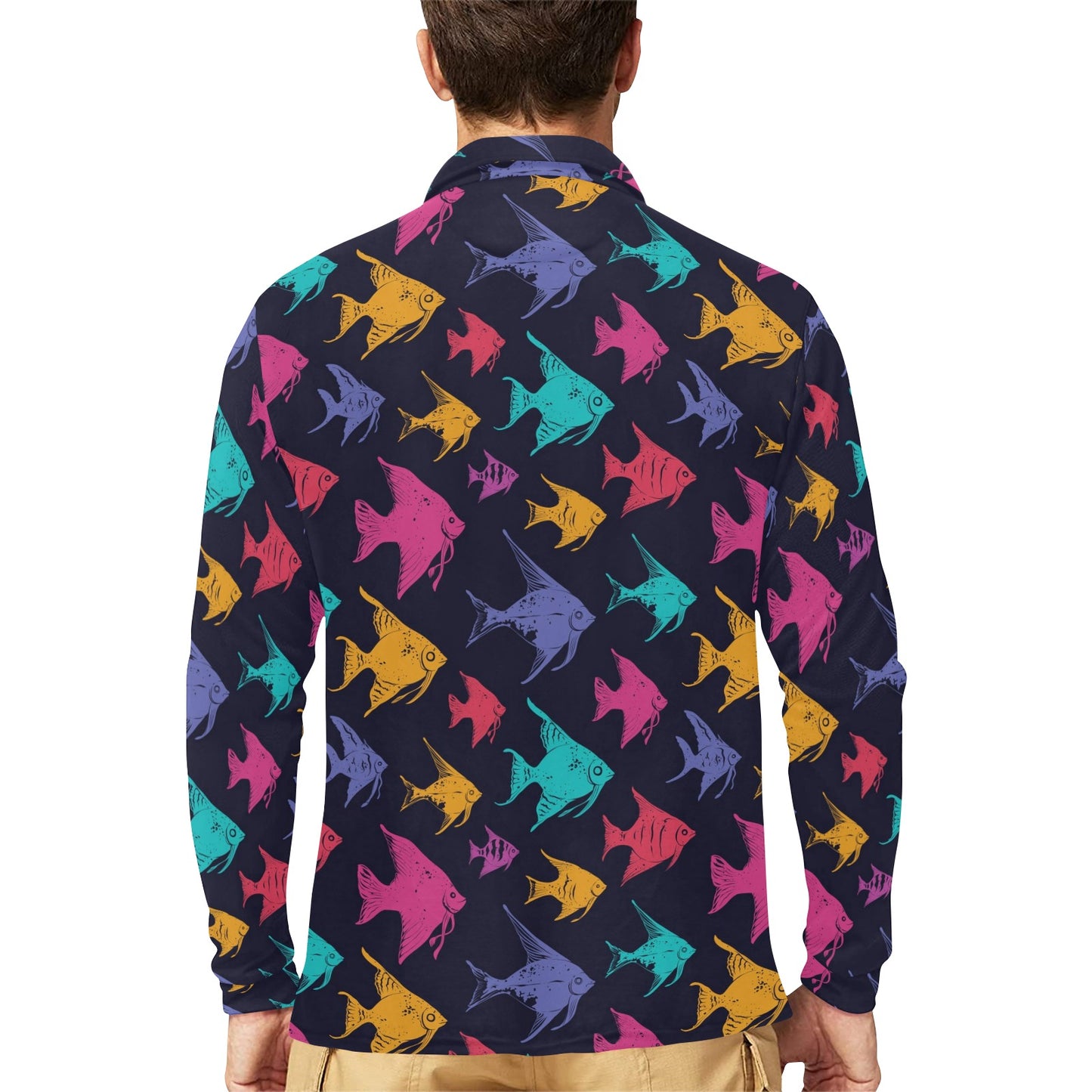 Angelfish Colorful Pattern Print Design 03 Long Sleeve Polo Shirt For Men's