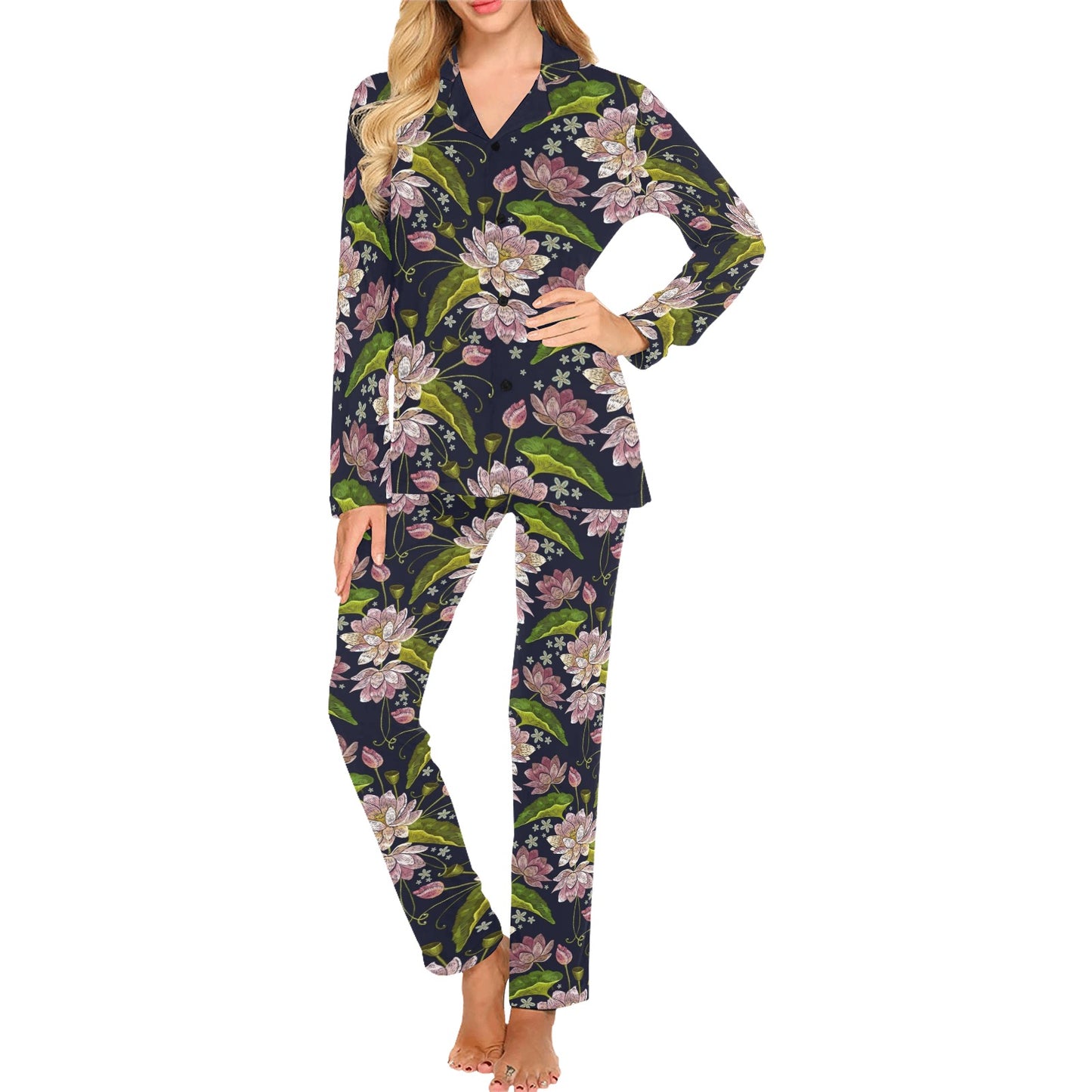 lotus Embroidered Pattern Print Design LO06 Women's Long Pajama Set