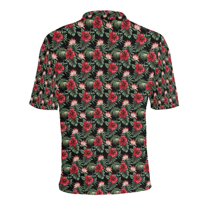 Flower Hawaiian Red Hibiscus Design Print Men Polo Shirt