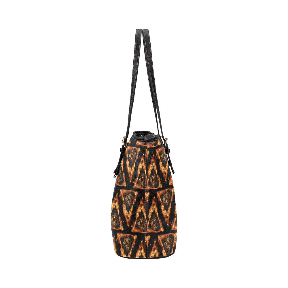 Eye of Horus in Flame Print Leather Tote Bag