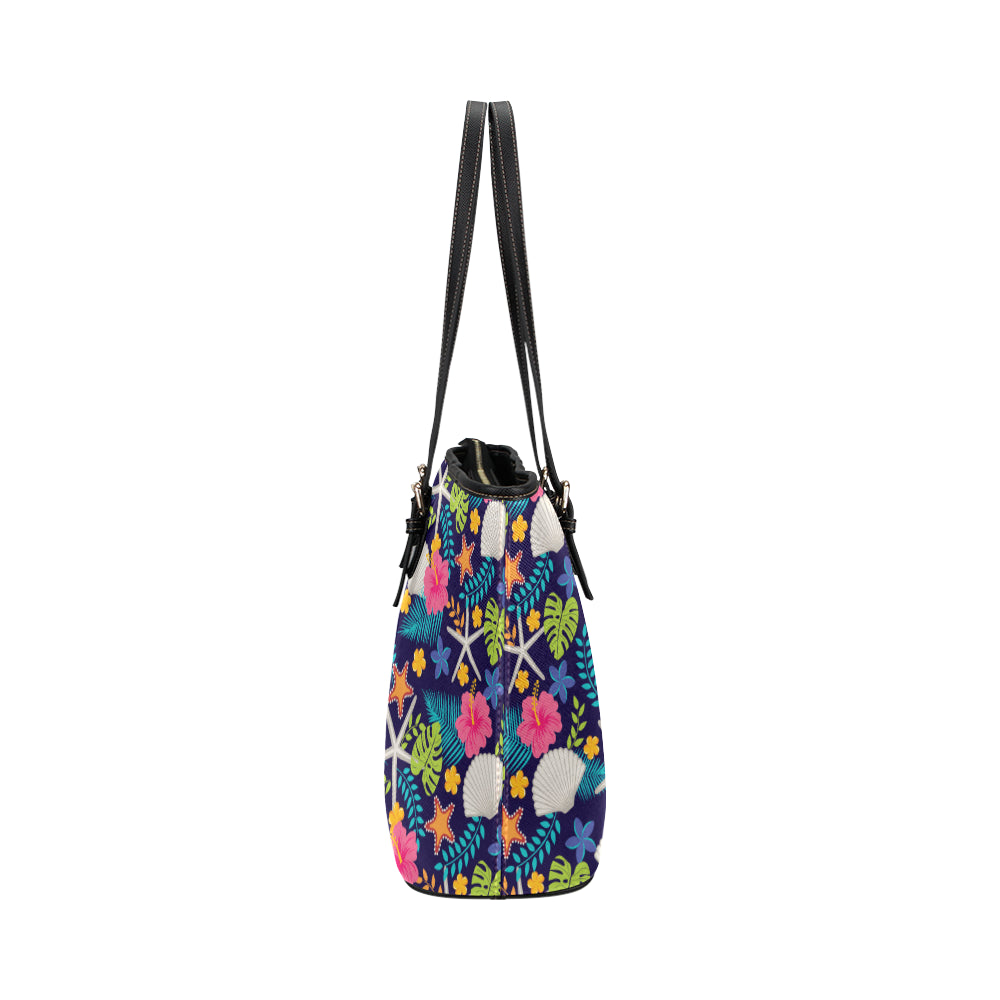 Beach Seashell Floral Theme Leather Tote Bag