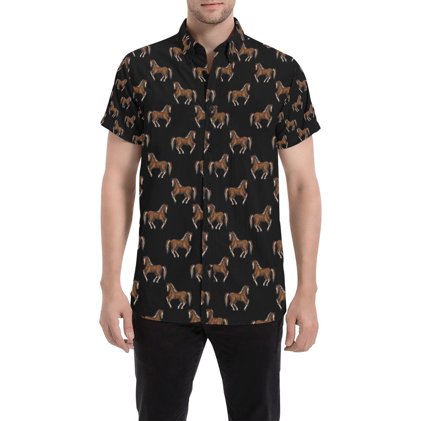 Horse Print Design LKS3010 Men Short Sleeve Button Up Shirt