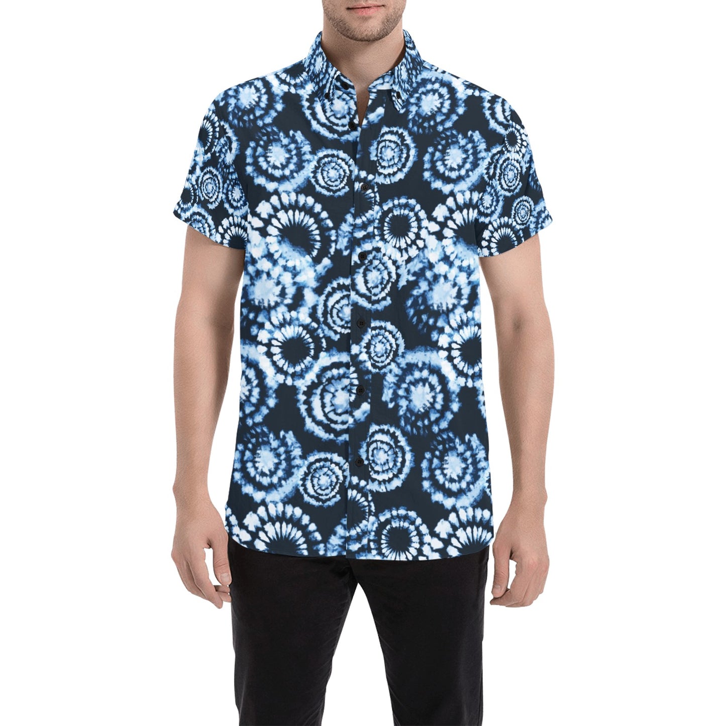 Tie Dye Dark Blue Print Design LKS306 Men Short Sleeve Button Up Shirt