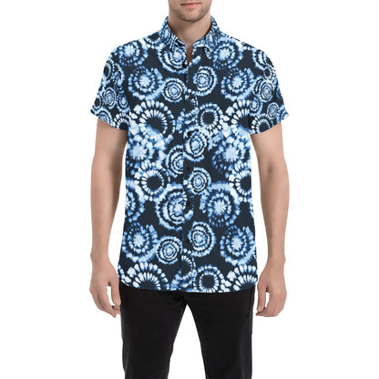 Tie Dye Dark Blue Print Design LKS306 Men Short Sleeve Button Up Shirt