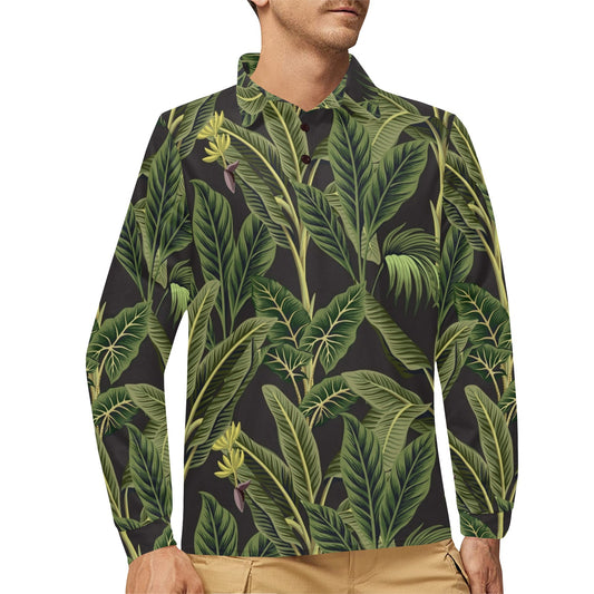 Banana Leaf Pattern Print Design BL04 Long Sleeve Polo Shirt For Men's