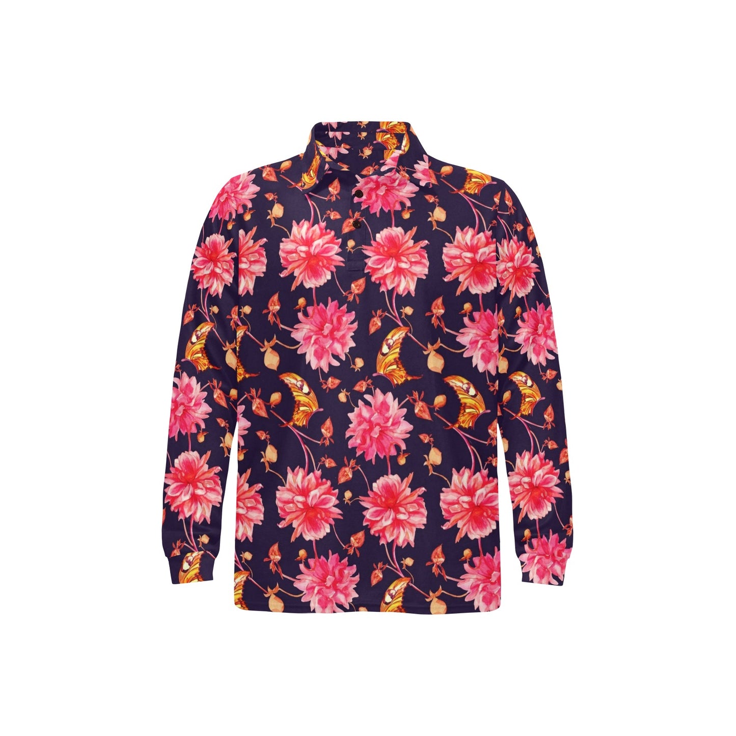 Dahlia Pattern Print Design DH03 Long Sleeve Polo Shirt For Men's