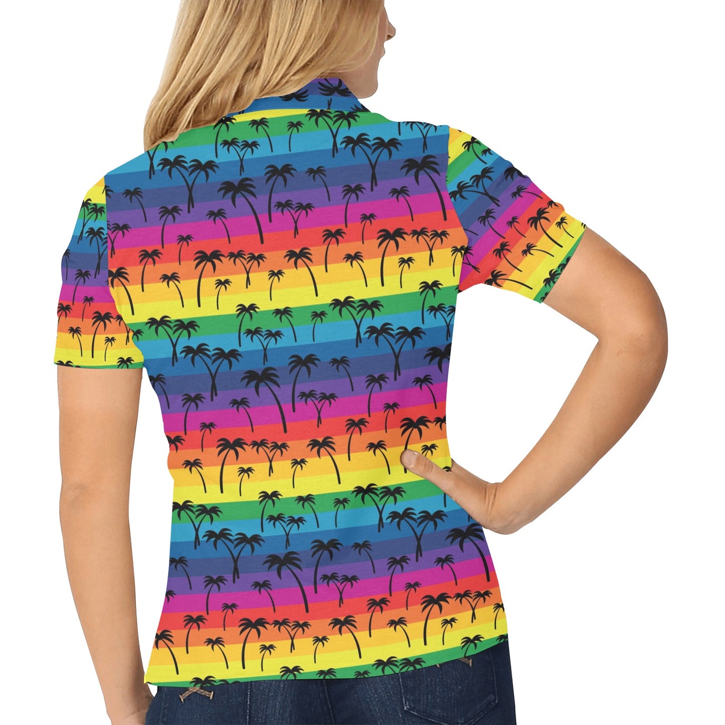 Palm Tree Rainbow Themed Print Women's Polo Shirt