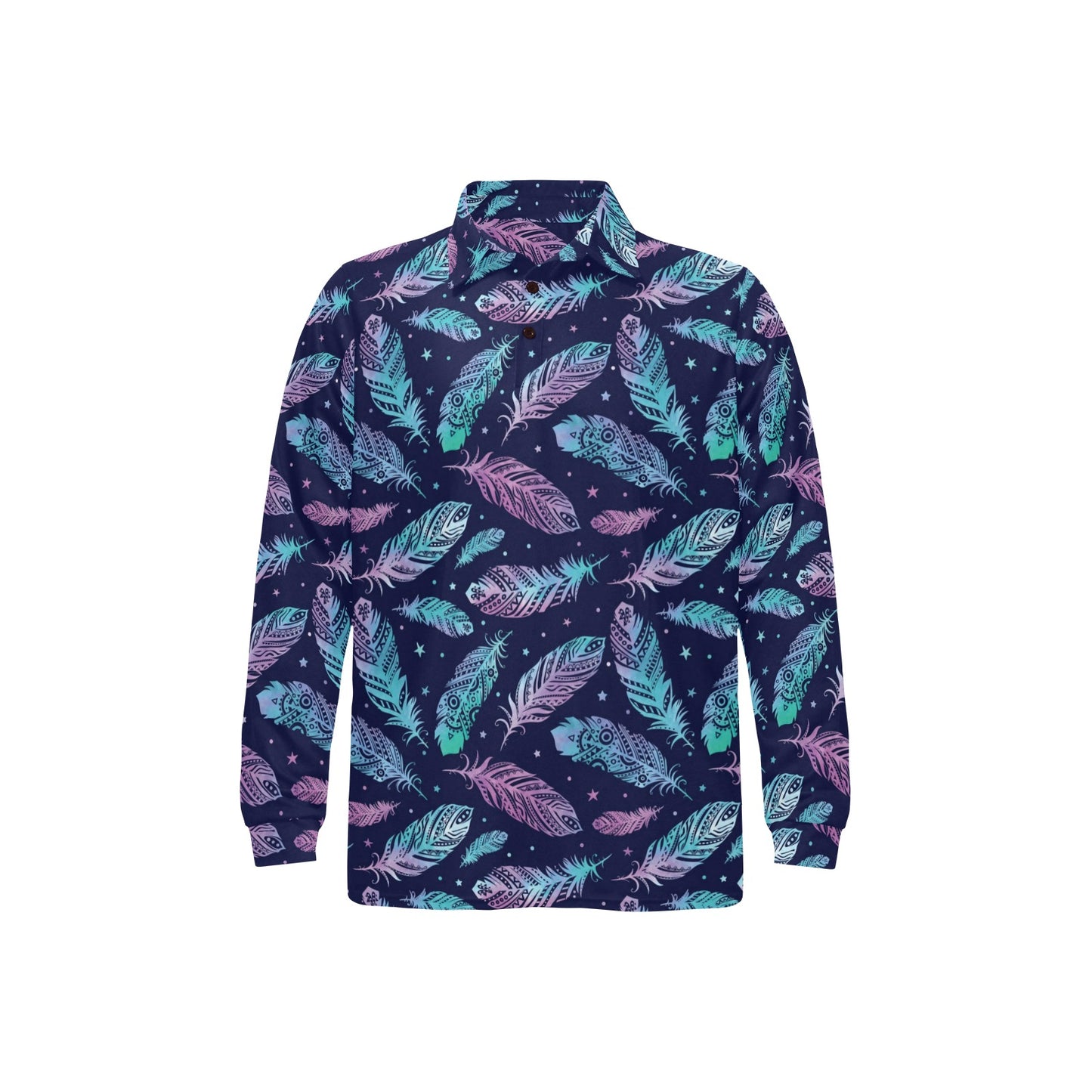 Feather Aztec Design Print Long Sleeve Polo Shirt For Men's