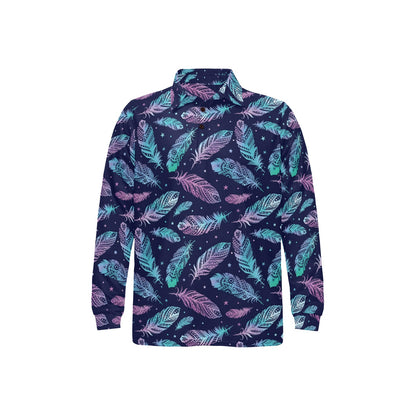 Feather Aztec Design Print Long Sleeve Polo Shirt For Men's