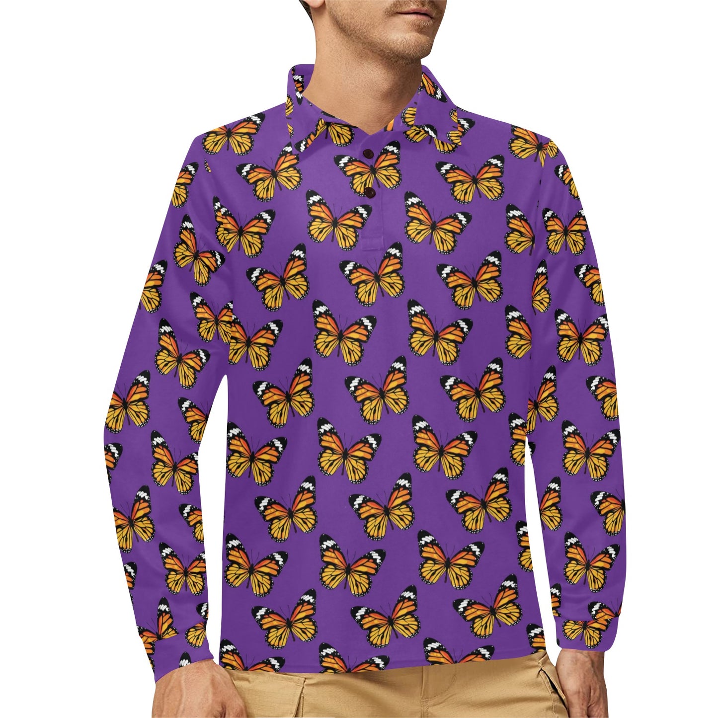 Monarch Butterfly Purple Print Pattern Long Sleeve Polo Shirt For Men's