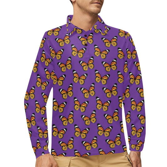 Monarch Butterfly Purple Print Pattern Long Sleeve Polo Shirt For Men's