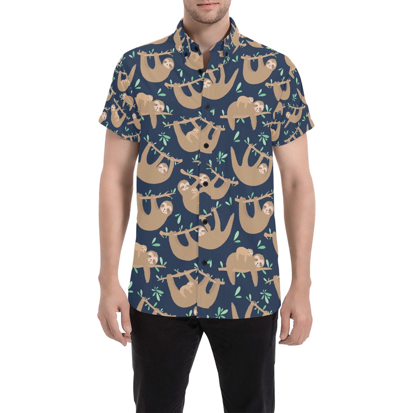 Sloth Print Design LKS307 Men Short Sleeve Button Up Shirt