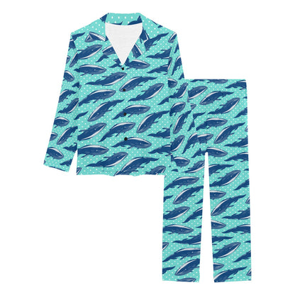 Whale Polka Dot Design Themed Print Women's Long Pajama Set