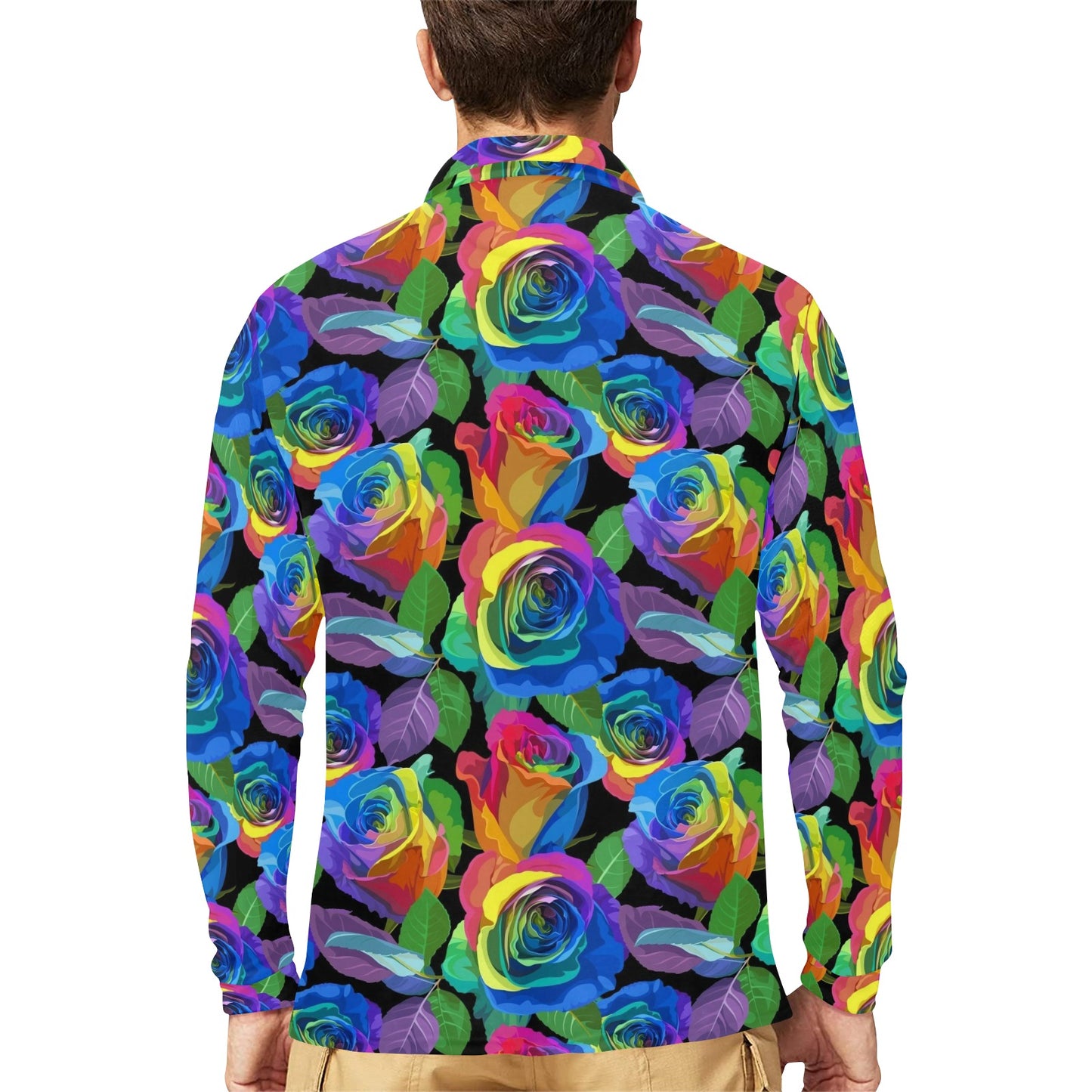 Rose Pattern Print Design RO02 Long Sleeve Polo Shirt For Men's