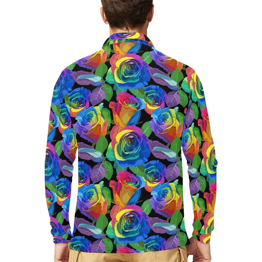 Rose Pattern Print Design RO02 Long Sleeve Polo Shirt For Men's