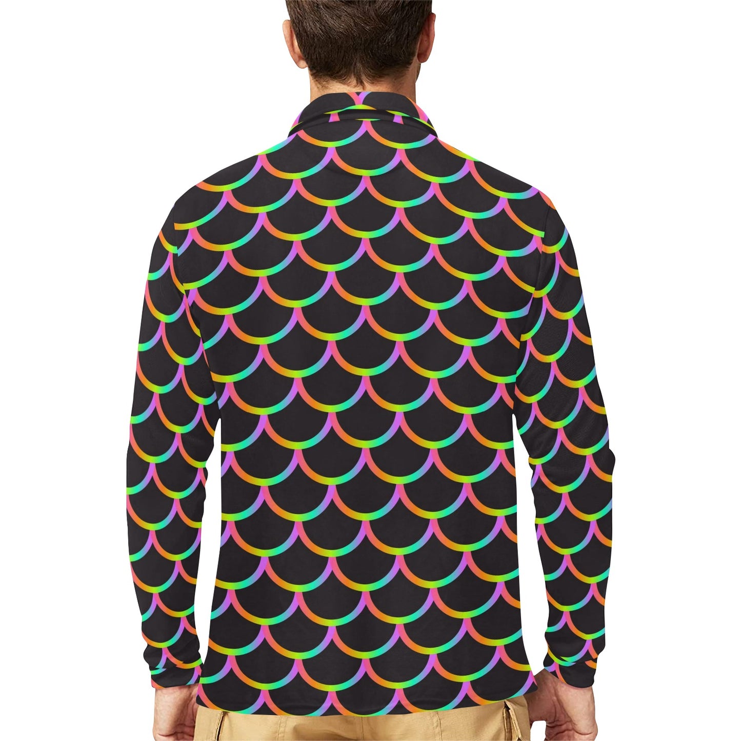 Mermaid Tail Rainbow Design Print Long Sleeve Polo Shirt For Men's
