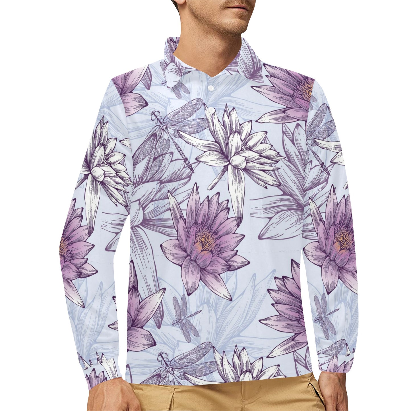 Water Lily Pattern Print Design WL01 Long Sleeve Polo Shirt For Men's