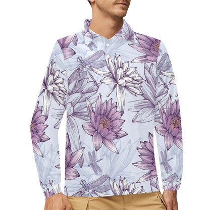 Water Lily Pattern Print Design WL01 Long Sleeve Polo Shirt For Men's