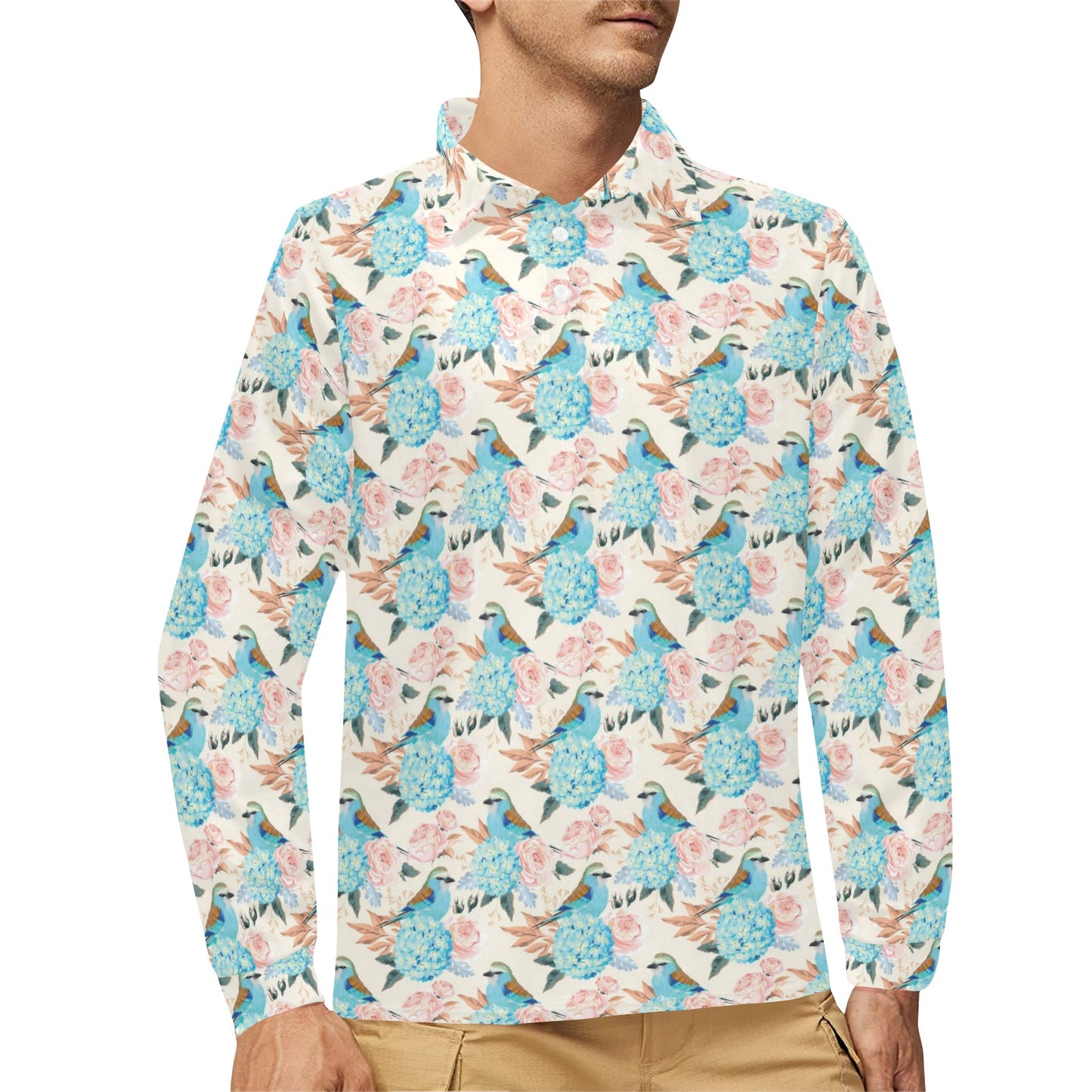 Bluebird Pattern Print Design 03 Long Sleeve Polo Shirt For Men's