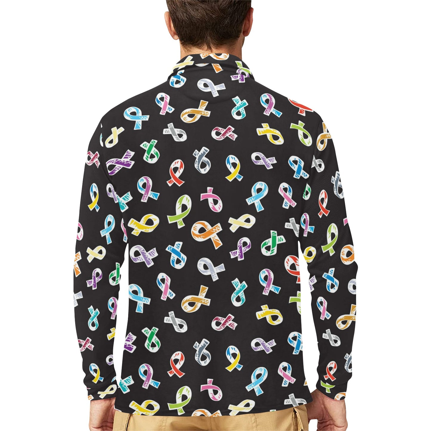 Cancer Awareness Pattern Print Design 02 Long Sleeve Polo Shirt For Men's