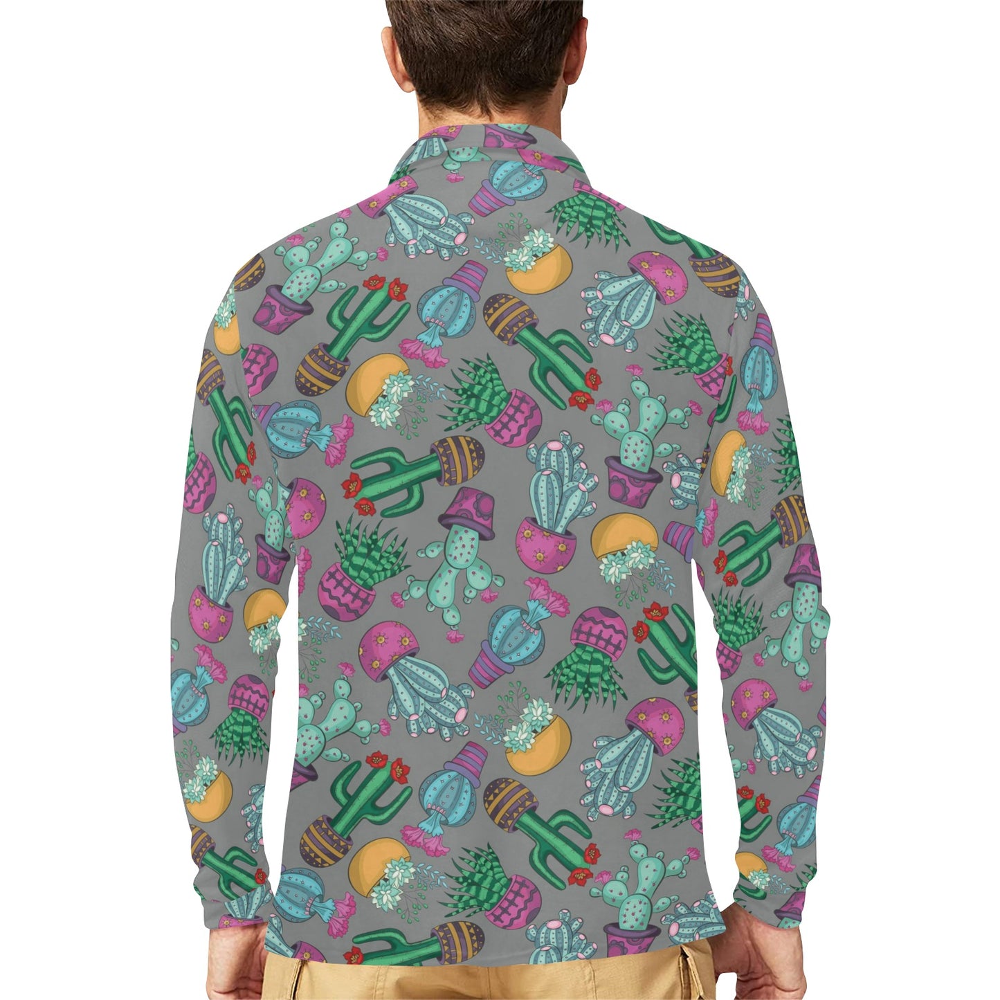 Cactus Colorful Print Pattern Long Sleeve Polo Shirt For Men's