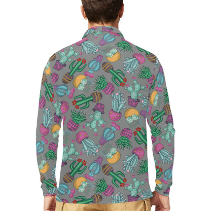 Cactus Colorful Print Pattern Long Sleeve Polo Shirt For Men's
