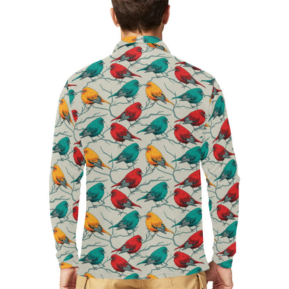 Birds Pattern Print Design 04 Long Sleeve Polo Shirt For Men's