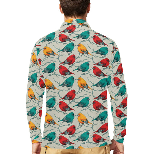 Birds Pattern Print Design 04 Long Sleeve Polo Shirt For Men's