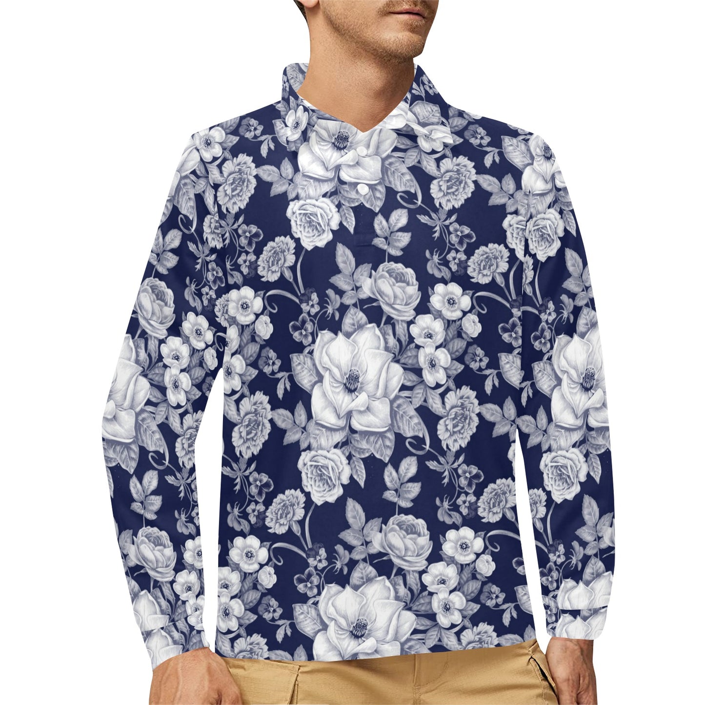 Floral Infrared Pattern Long Sleeve Polo Shirt For Men's