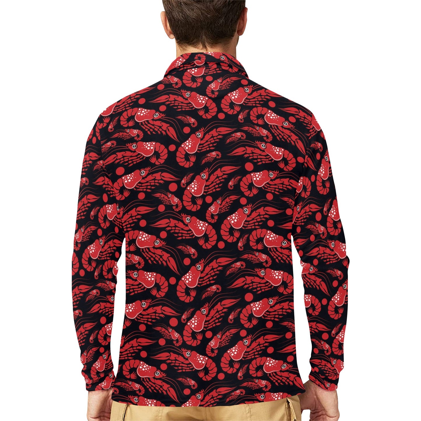 Shrimp Print Design LKS303 Long Sleeve Polo Shirt For Men's