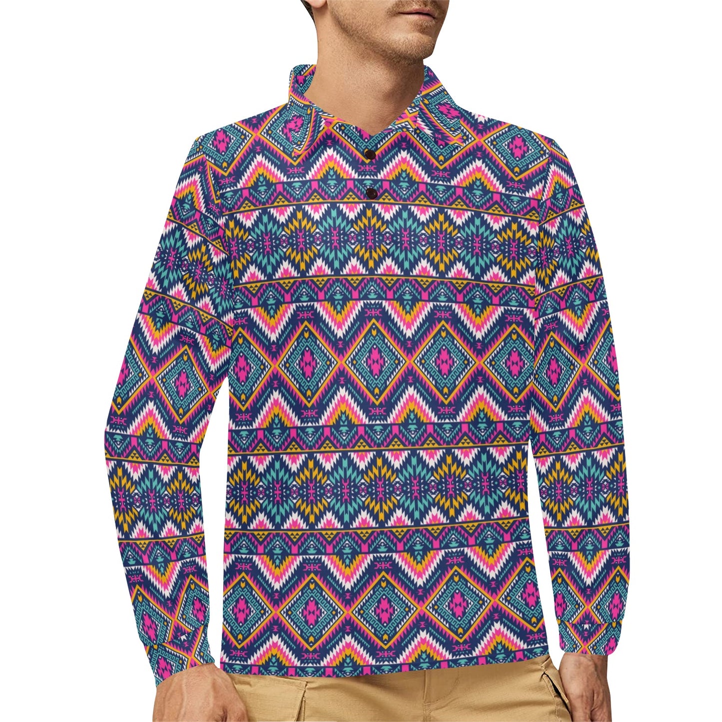 Indian Navajo Pink Themed Design Print Long Sleeve Polo Shirt For Men's
