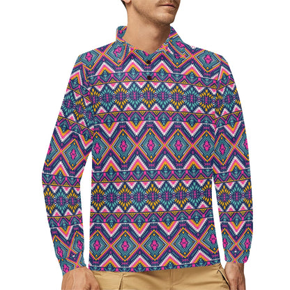 Indian Navajo Pink Themed Design Print Long Sleeve Polo Shirt For Men's