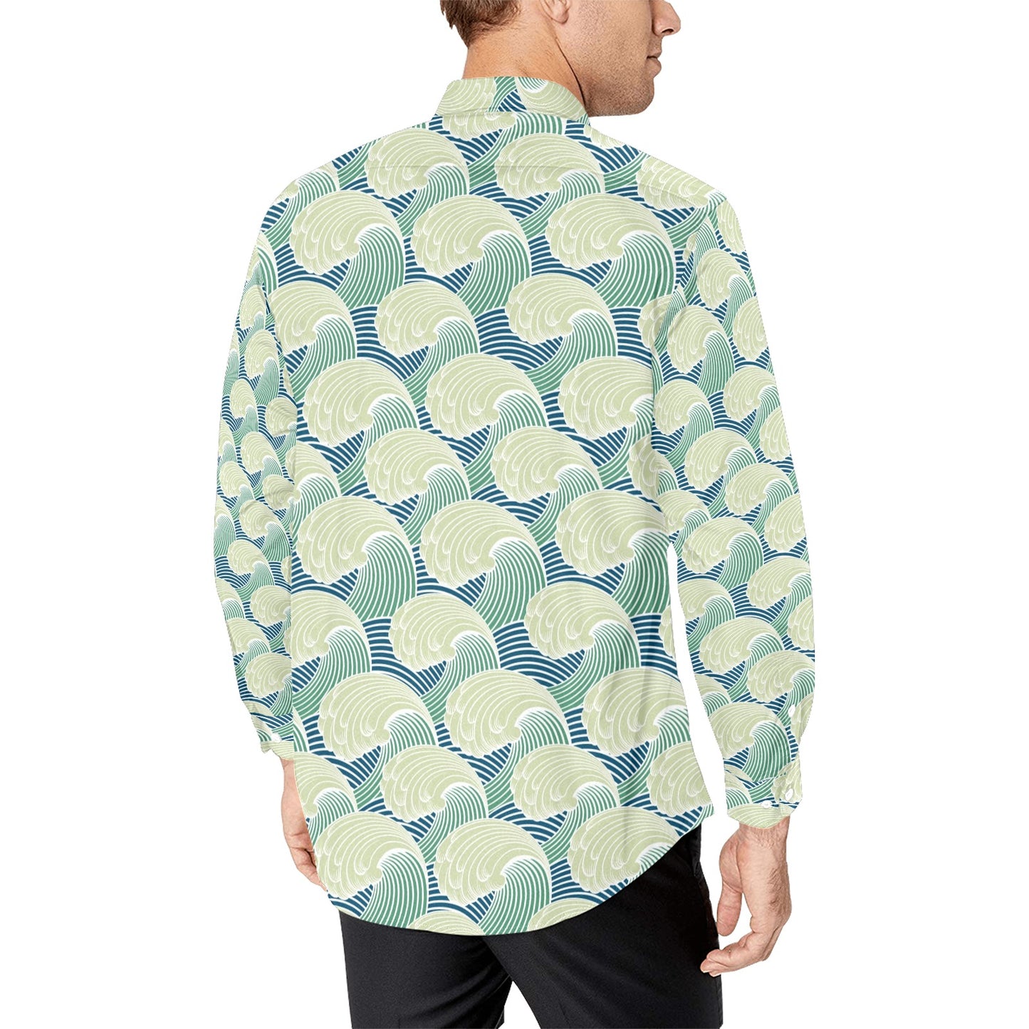 Wave Japan Style Print Design LKS302 Men's Long Sleeve Dress Shirt