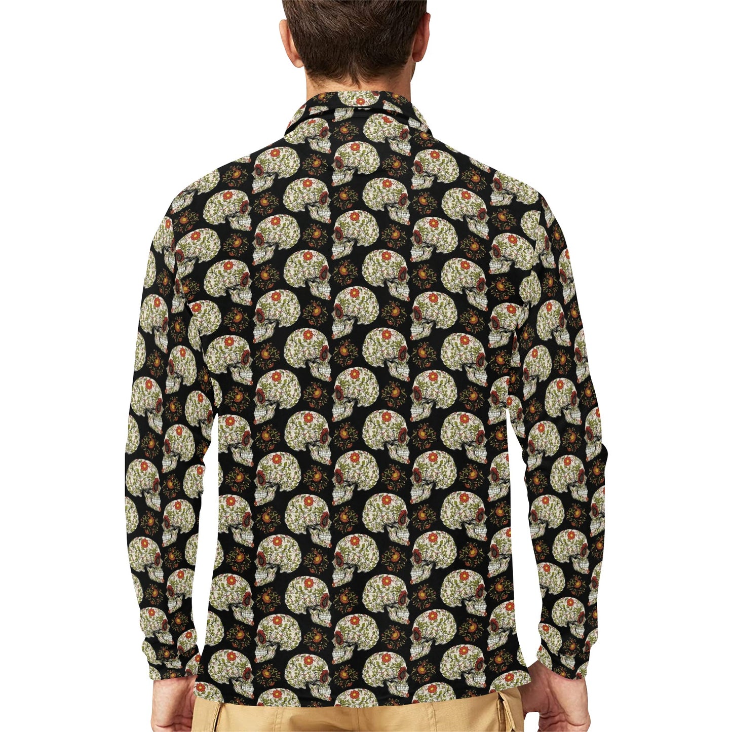 Sugar Skull Flower Design Themed Print Long Sleeve Polo Shirt For Men's