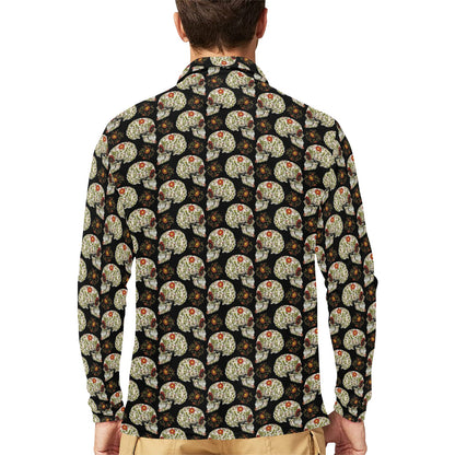 Sugar Skull Flower Design Themed Print Long Sleeve Polo Shirt For Men's