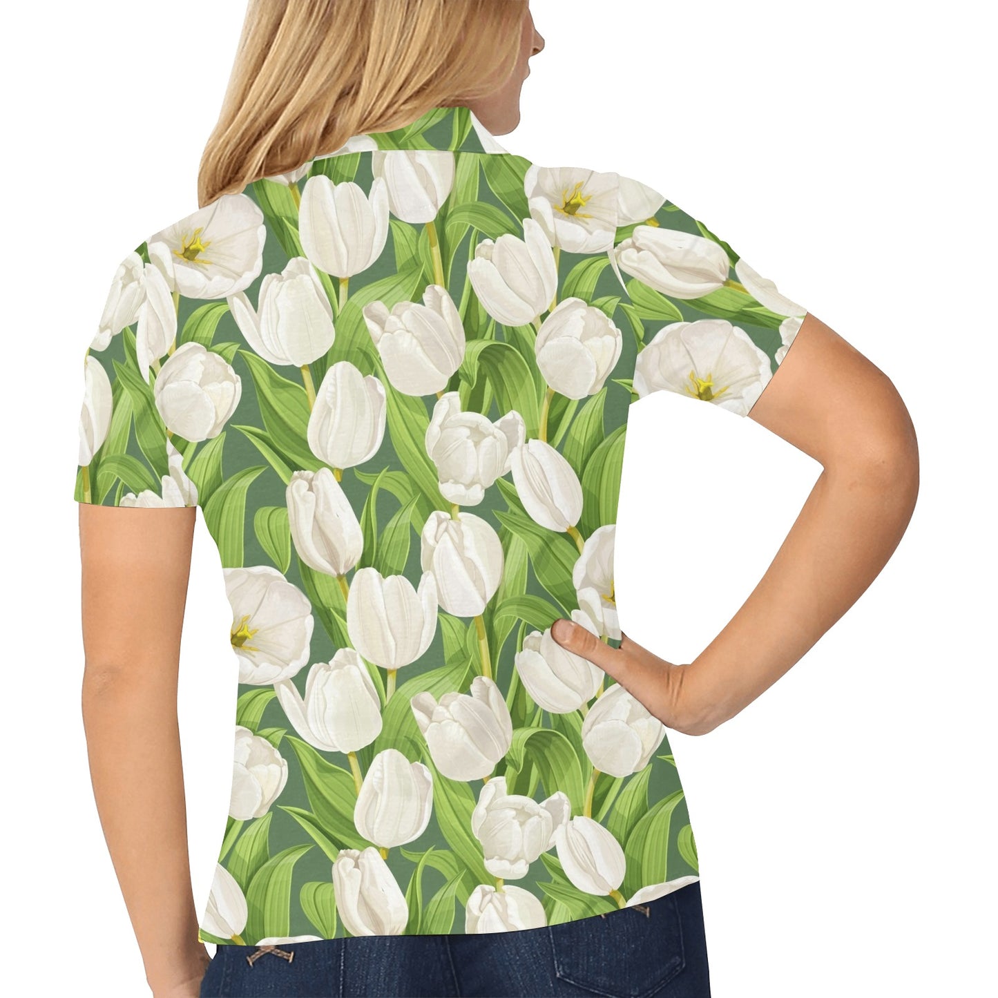 Tulip White Pattern Print Design TP05 Women's Polo Shirt