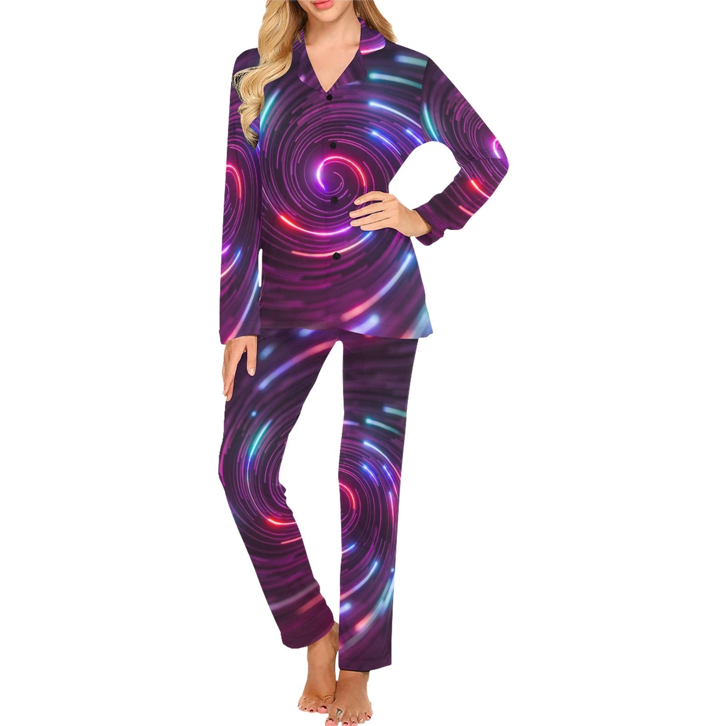 Vortex Twist Swirl Purple Neon Print Women's Long Pajama Set