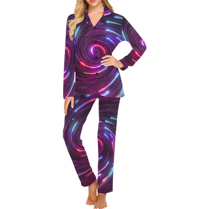 Vortex Twist Swirl Purple Neon Print Women's Long Pajama Set