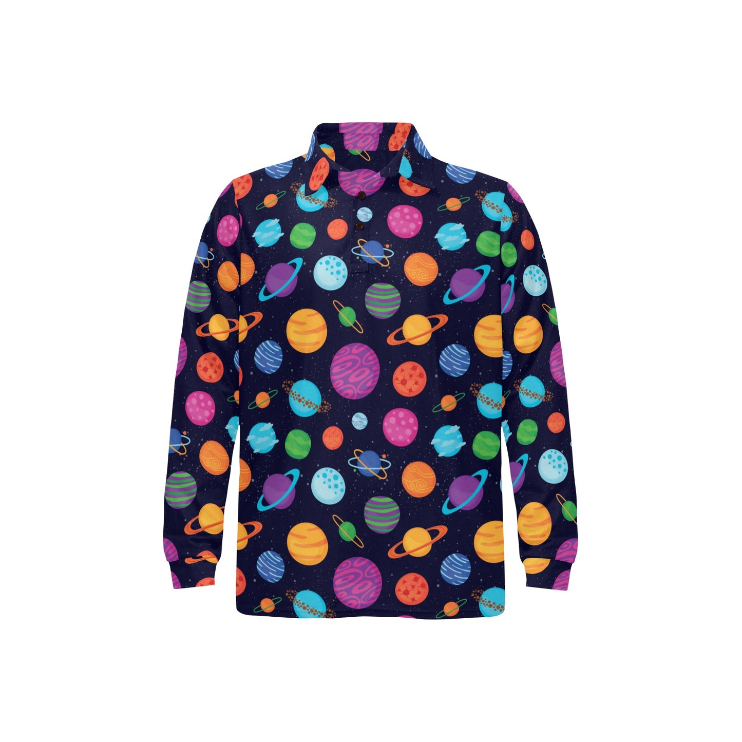 Planet Multicolor Print Design LKS302 Long Sleeve Polo Shirt For Men's