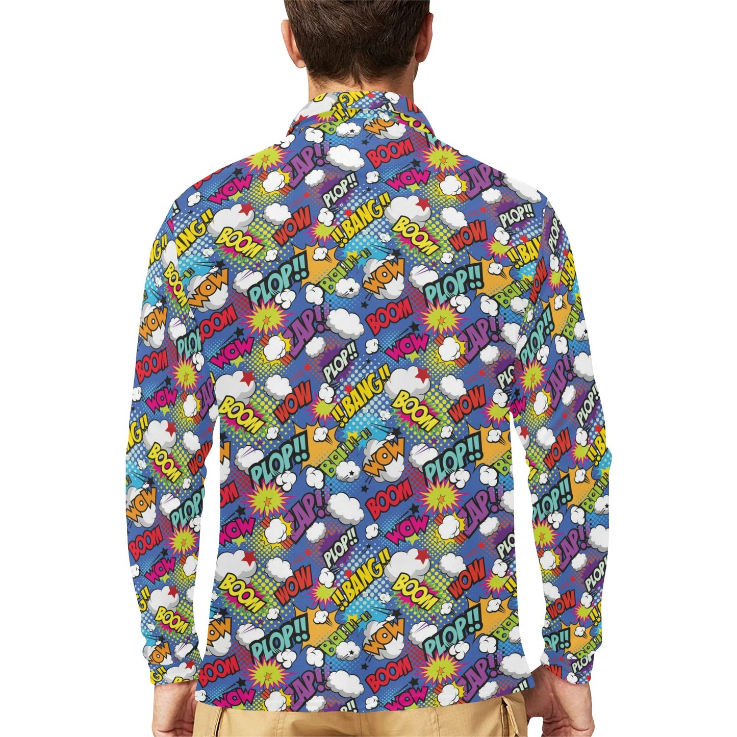 Comic Book Pattern Print Design 02 Long Sleeve Polo Shirt For Men's